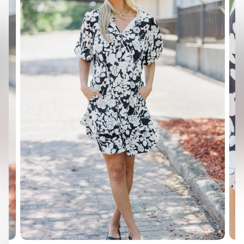 Shop the Mint NWOT Black Floral‎ Dress w/pckts ruffle collar w/tie neck puff slv